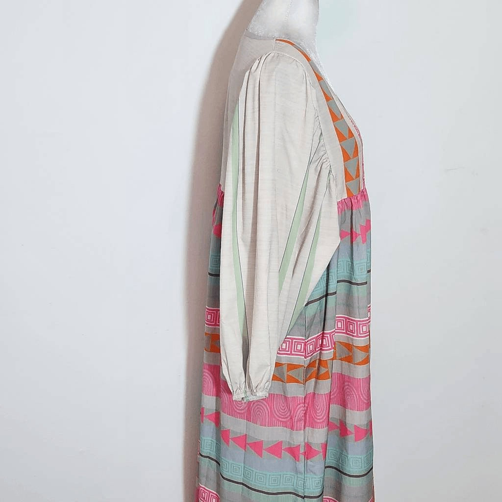 Pink and Gray Puff Sleeve Boho Print Oversized Midi Dress NWOT Size Medium