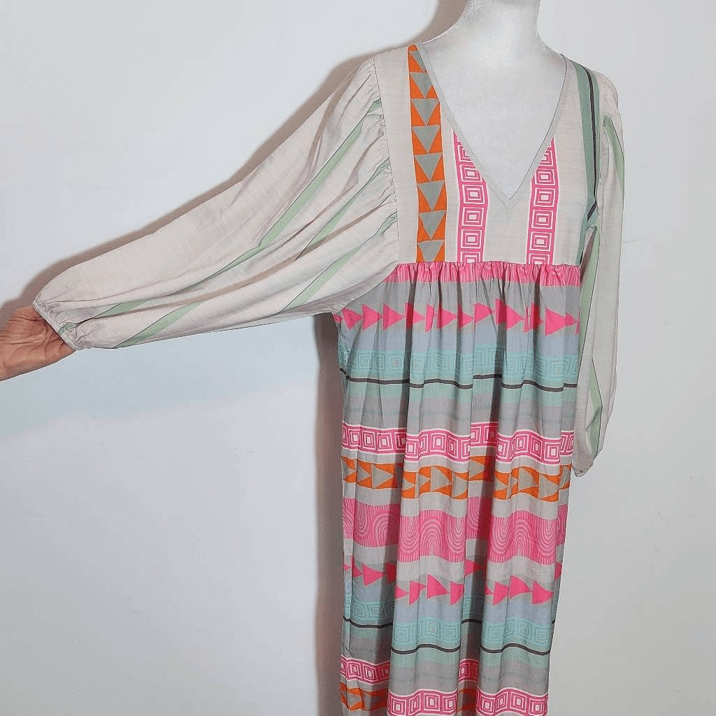 Pink and Gray Puff Sleeve Boho Print Oversized Midi Dress NWOT Size Medium