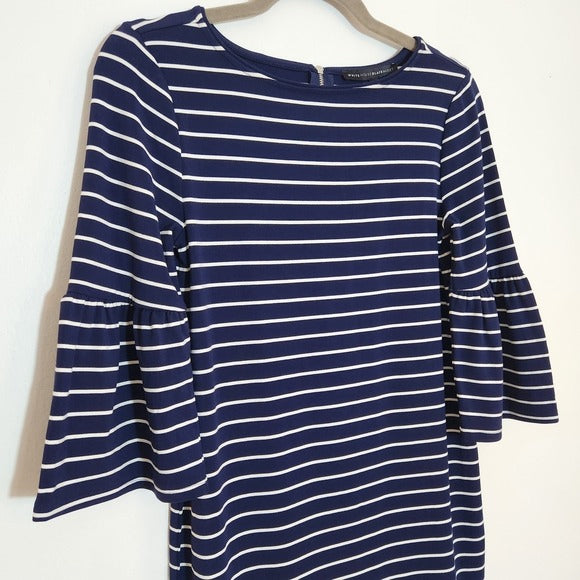 White House Black Market Navy and White Striped Bell-Sleeve Shift Dress Size XS