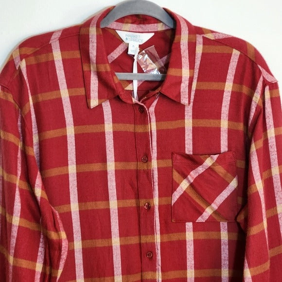 Market & Spruce Red Plaid Button Up Flannel Shirt Size XL NWT