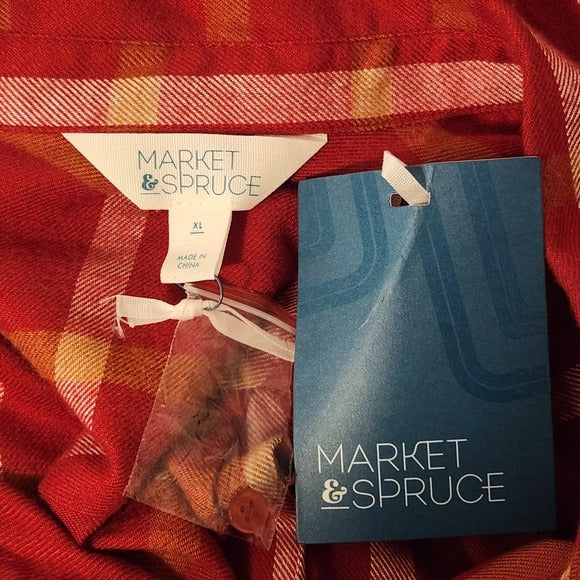 Market & Spruce Red Plaid Button Up Flannel Shirt Size XL NWT