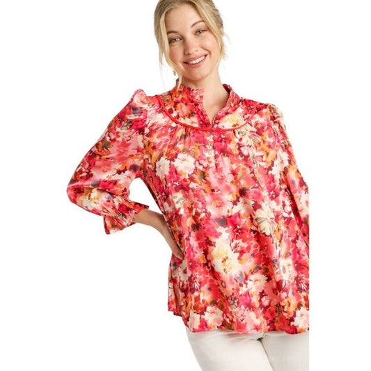 Umgee Pink Floral Satin Blouse with 3/4 Sleeves Size Large New