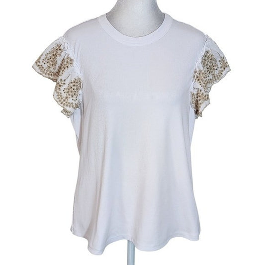 Nicole Miller White Ribbed Knit Tee with Ruffle Sleeves Size Large