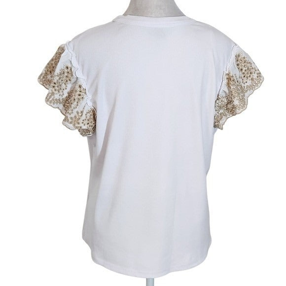 Nicole Miller White Ribbed Knit Tee with Ruffle Sleeves Size Large