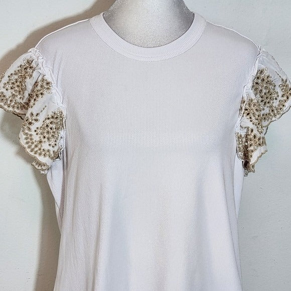 Nicole Miller White Ribbed Knit Tee with Ruffle Sleeves Size Large