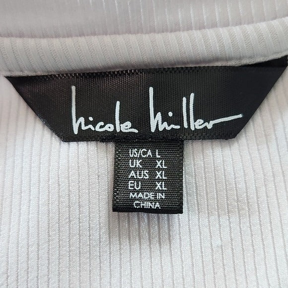 Nicole Miller White Ribbed Knit Tee with Ruffle Sleeves Size Large