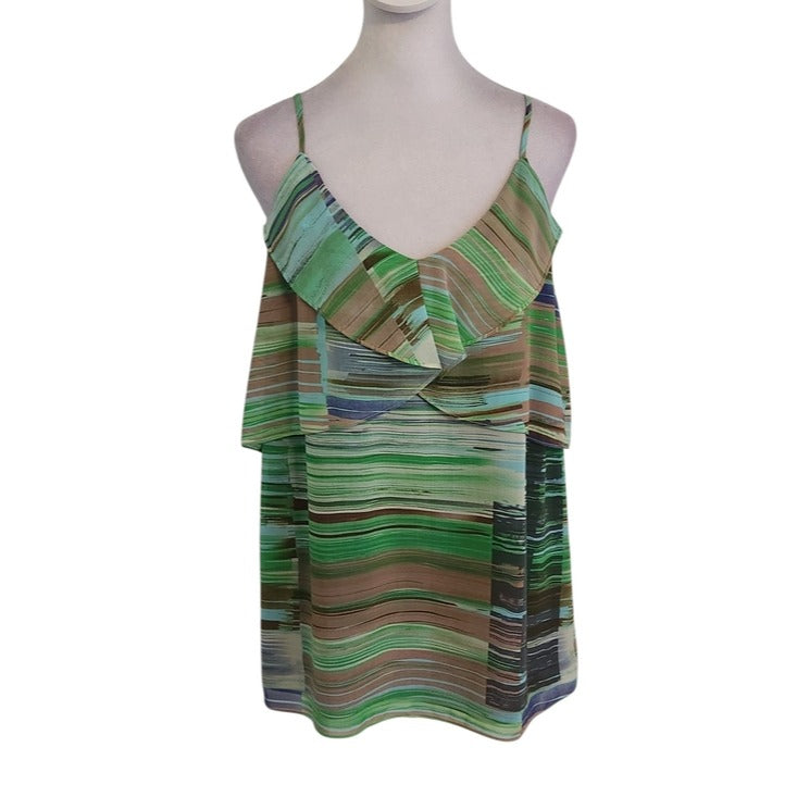 Cabi Green and Brown Striped Tank Top with Layered Neckline Size Medium