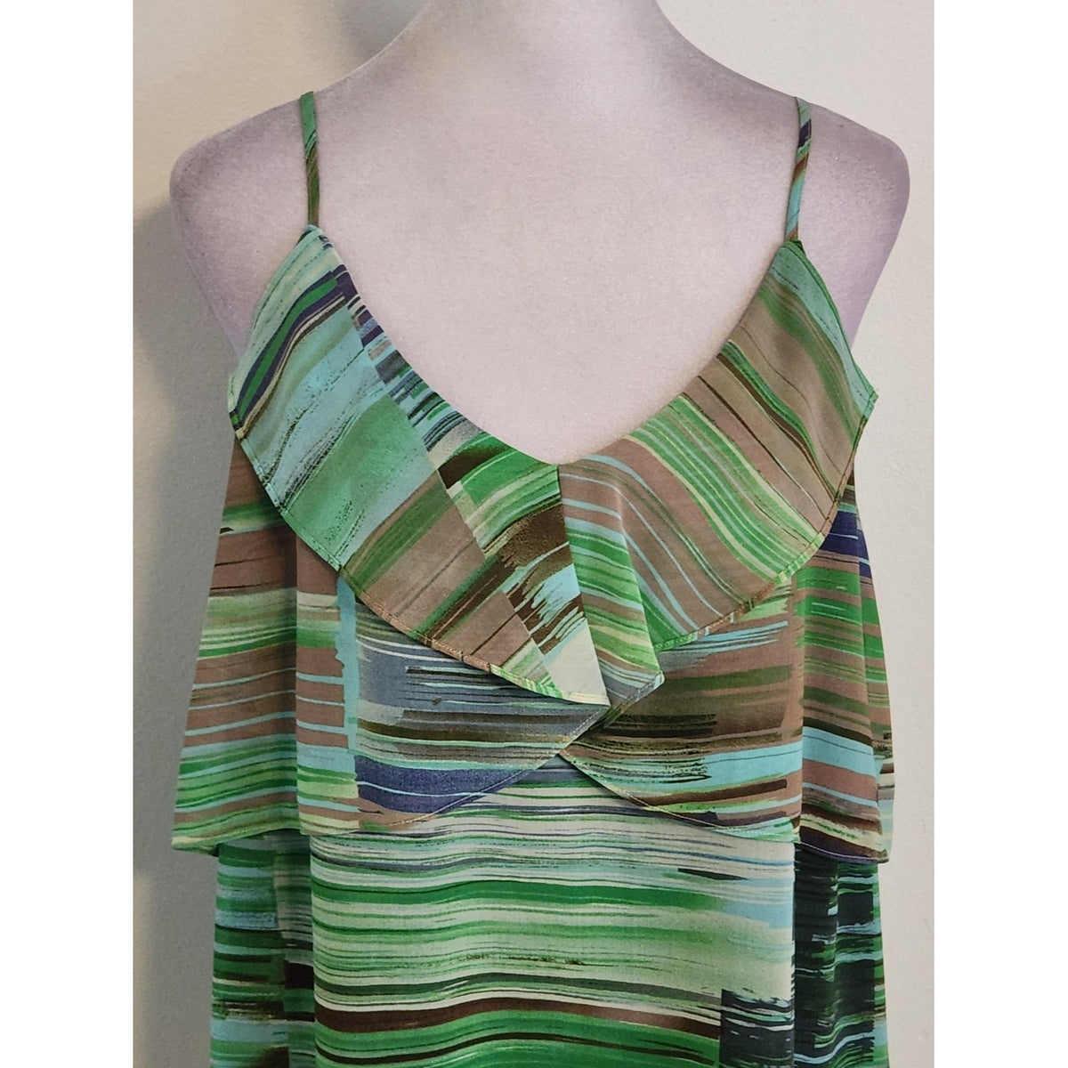 Cabi Green and Brown Striped Tank Top with Layered Neckline Size Medium