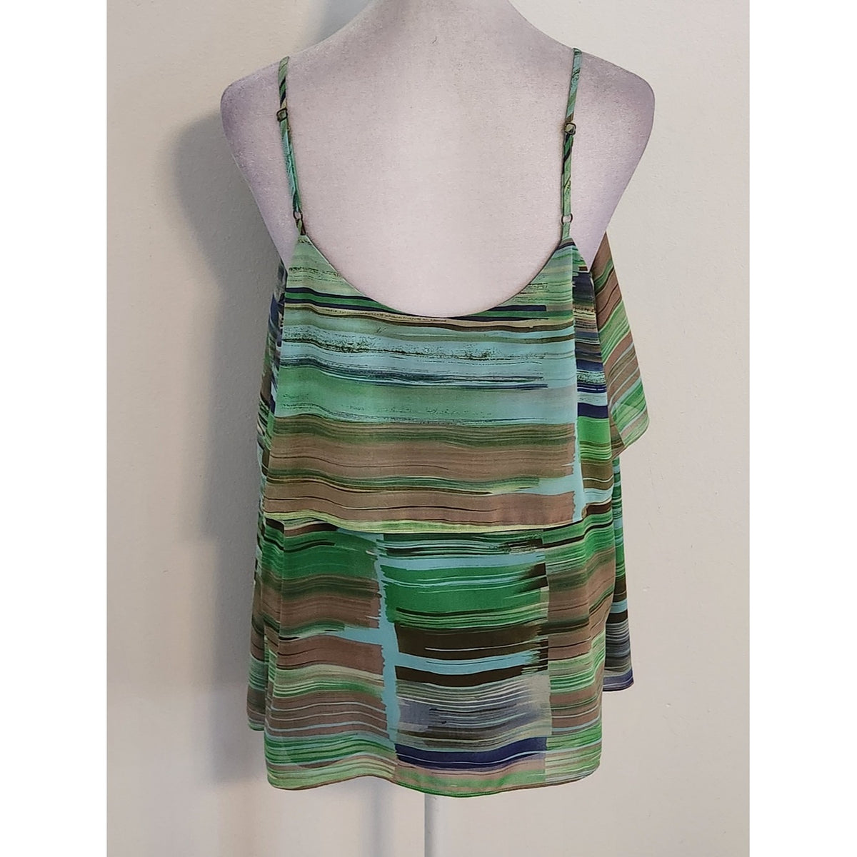 Cabi Green and Brown Striped Tank Top with Layered Neckline Size Medium
