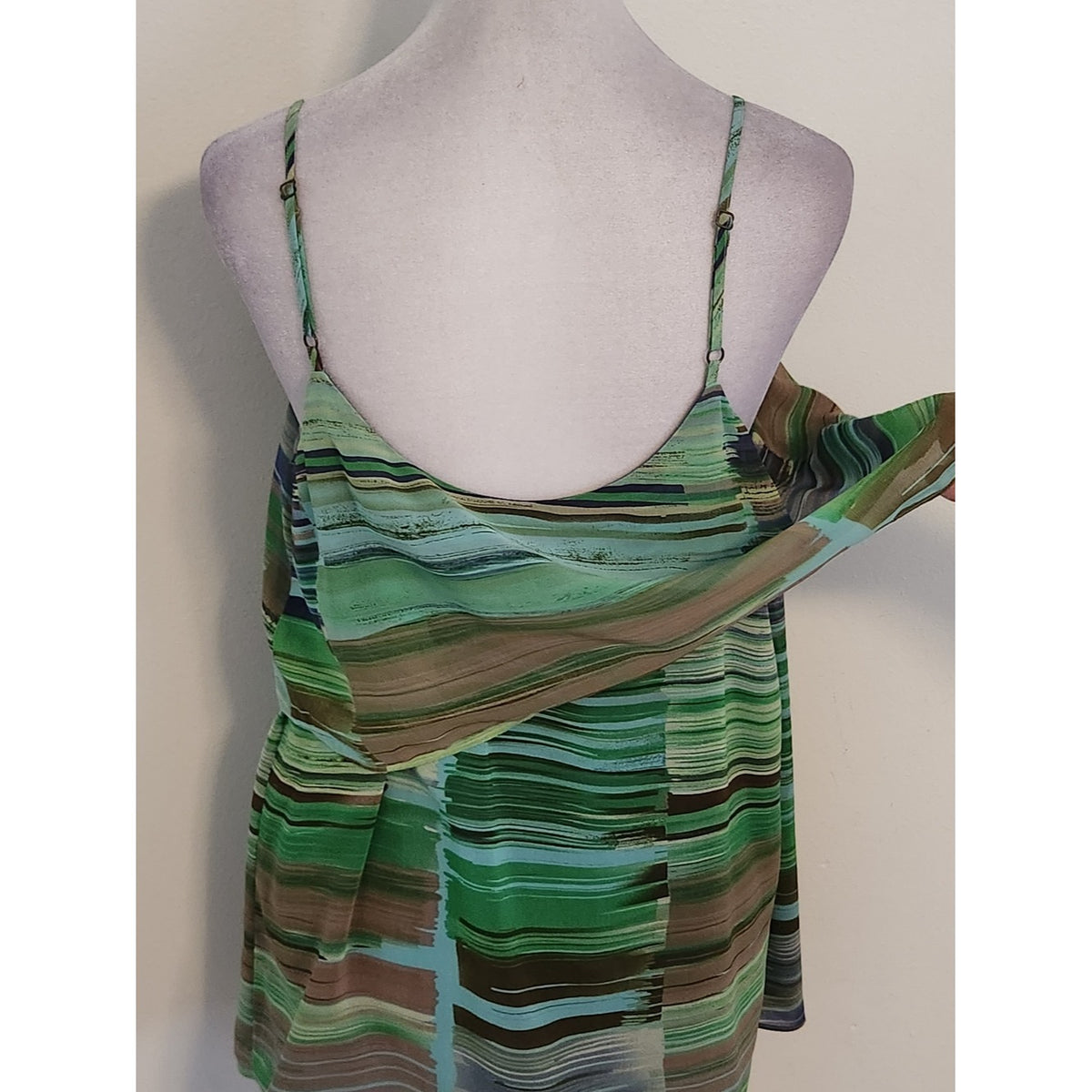 Cabi Green and Brown Striped Tank Top with Layered Neckline Size Medium