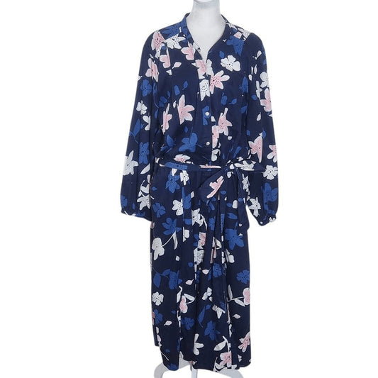 Free Assembly Navy and Pink Floral Midi Shirt Dress Size XXXL Navy Cotton Dress