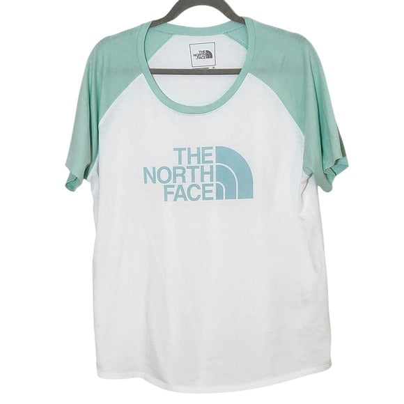 The North Face White Tee with Green Raglan Sleeves and Logo Size XL
