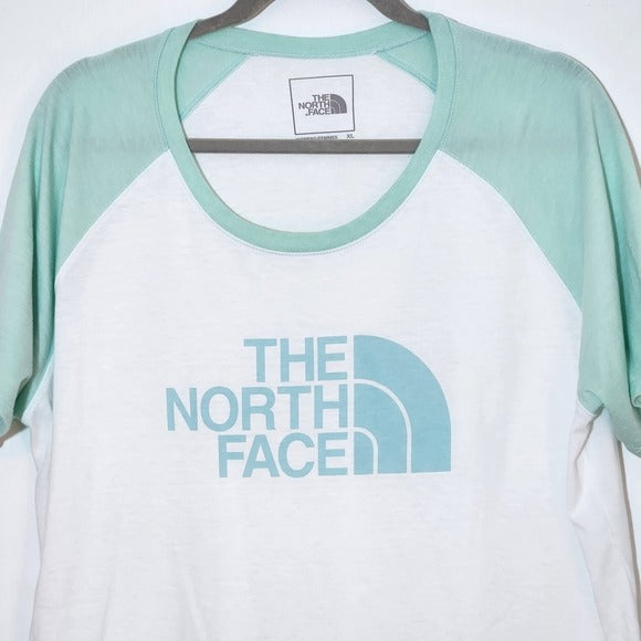 The North Face White Tee with Green Raglan Sleeves and Logo Size XL