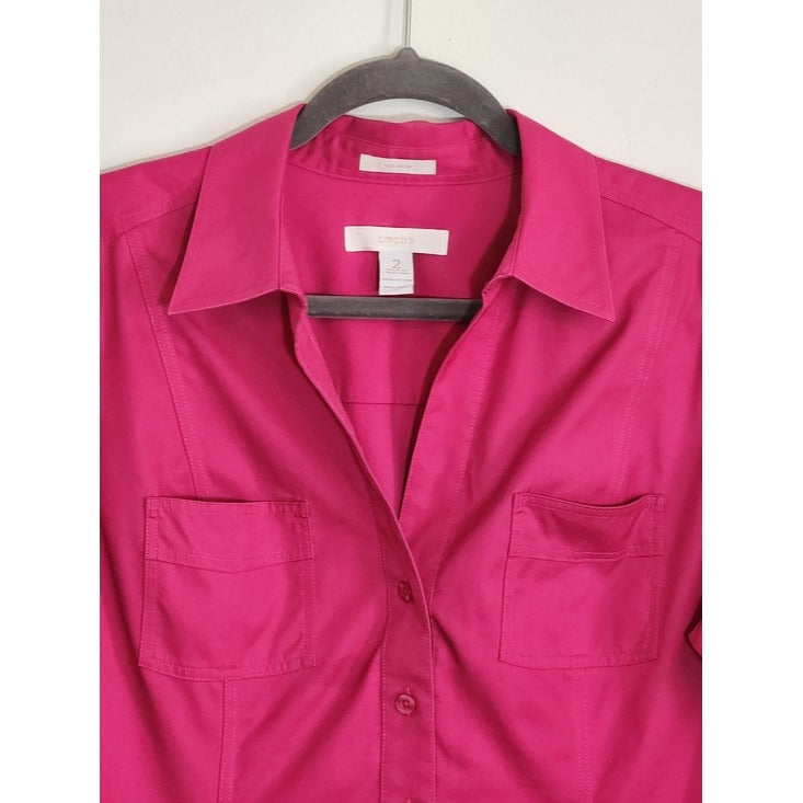 Chico's Pink No-Iron Cotton Button Down Camp Shirt Size 2 US Size XL