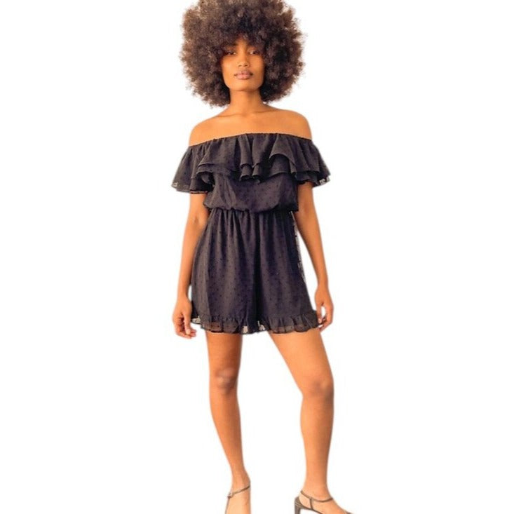 Lulus Black Off The Shoulder Swiss Dot Romper Size Small NWT